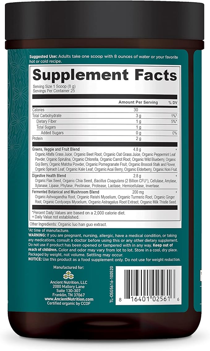 Super Greens Powder by Ancient Nutrition, Organic Superfood Powder with Probiotics Made with Spirulina, Chlorella, Matcha, and Digestive Enzymes, 25 Servings, 7.5oz