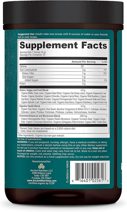 Super Greens Powder by Ancient Nutrition, Organic Superfood Powder with Probiotics Made with Spirulina, Chlorella, Matcha, and Digestive Enzymes, 25 Servings, 7.5oz