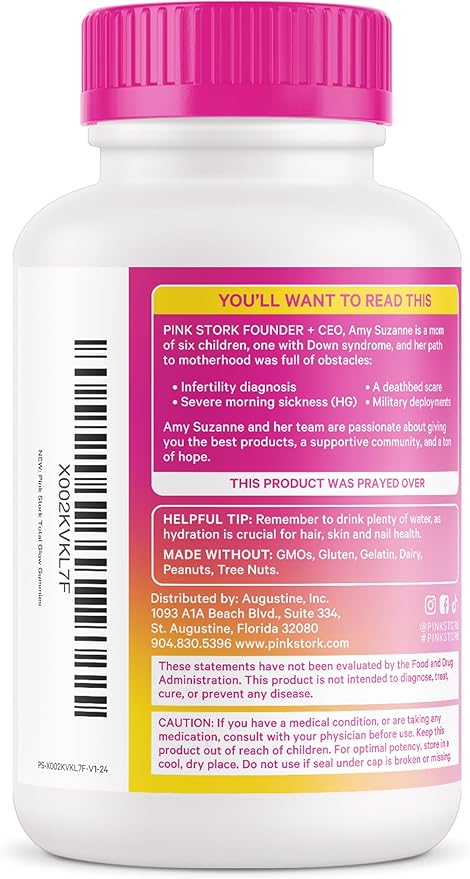 Pink Stork Total Glow Gummies - Hair, Skin, and Nails Vitamins - 11 Vitamins & Nutrients - Biotin, Vitamin A, B6, B12, Folate - Beautiful Hair, Radiant Skin, and Strong Nails - 60 Berry Biotin Gummies