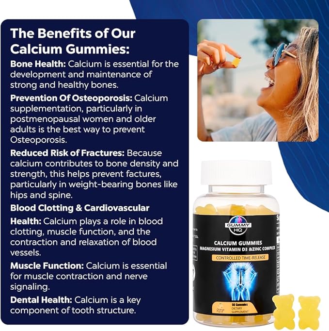 Calcium Gummies - Supports Calcium Levels - Vitamin D3, Magnesium, and Zinc - Fruit Juice Extract - Time-Release Formula - Supports Bone Strength - Gluten Free