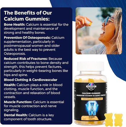 Calcium Gummies - Supports Calcium Levels - Vitamin D3, Magnesium, and Zinc - Fruit Juice Extract - Time-Release Formula - Supports Bone Strength - Gluten Free