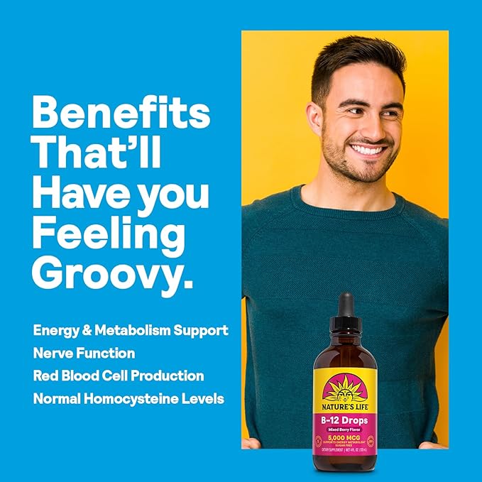 NATURE'S LIFE B12 Drops 5000 mcg - Vitamin B12 Methylcobalamin - Liquid B12 Supplement for Energy Metabolism, Nerve Function and Red Blood Cell Support – Natural Mixed Berry, Sugar Free, 200 Serv, 4oz