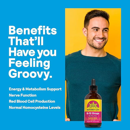 NATURE'S LIFE B12 Drops 5000 mcg - Vitamin B12 Methylcobalamin - Liquid B12 Supplement for Energy Metabolism, Nerve Function and Red Blood Cell Support – Natural Mixed Berry, Sugar Free, 200 Serv, 4oz