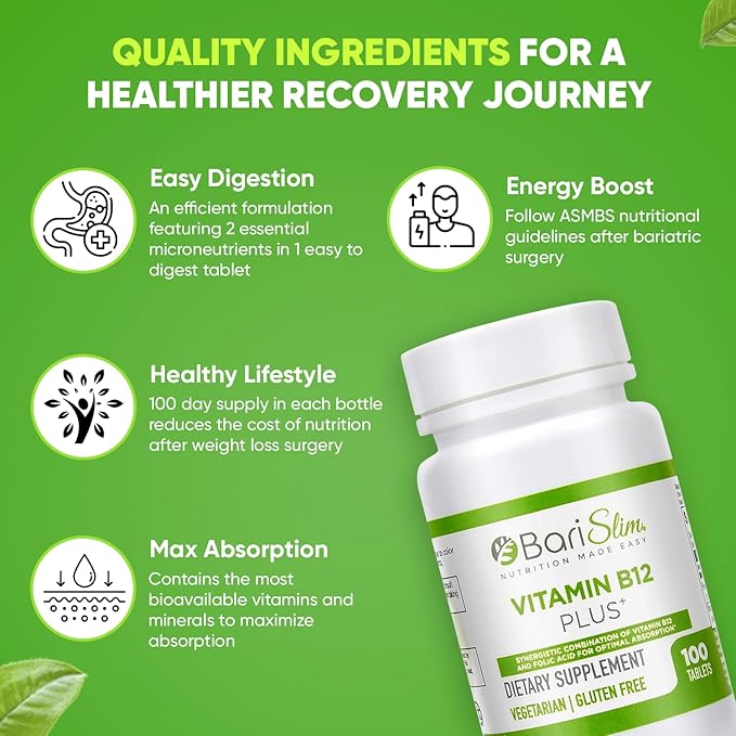 BariSlim Vitamin B12 Plus Tablets - Bariatric Formulated for Post Weight Loss Surgery, Including Gastric Bypass & Gastric Sleeve - Supports Energy Levels & Overall Health | Cherry Flavor