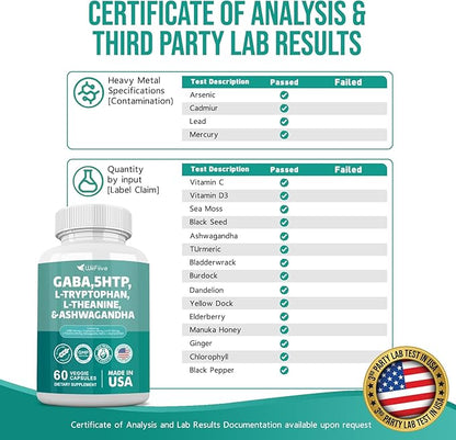 Gaba 750mg 5-HTP 200mg L-Theanine 200mg Ashwagandha 3000mg L-Tryptophan 500mg with Vitamin D3 Vitamin B6 L-Tyrosine Black Pepper SAM-e, Dietary Supplement, Non GMO, NSF Certified, 60 Capsules