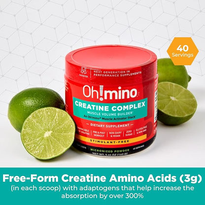 Oh!mino Patented Creatine Complex Supplement: Vegan, Sugar Free, Non-GMO & Gluten Free - Patented Formula: Pre & Post Workout Creatine, Micronized Powder, Lemon Lime Flavor (40 Servings)