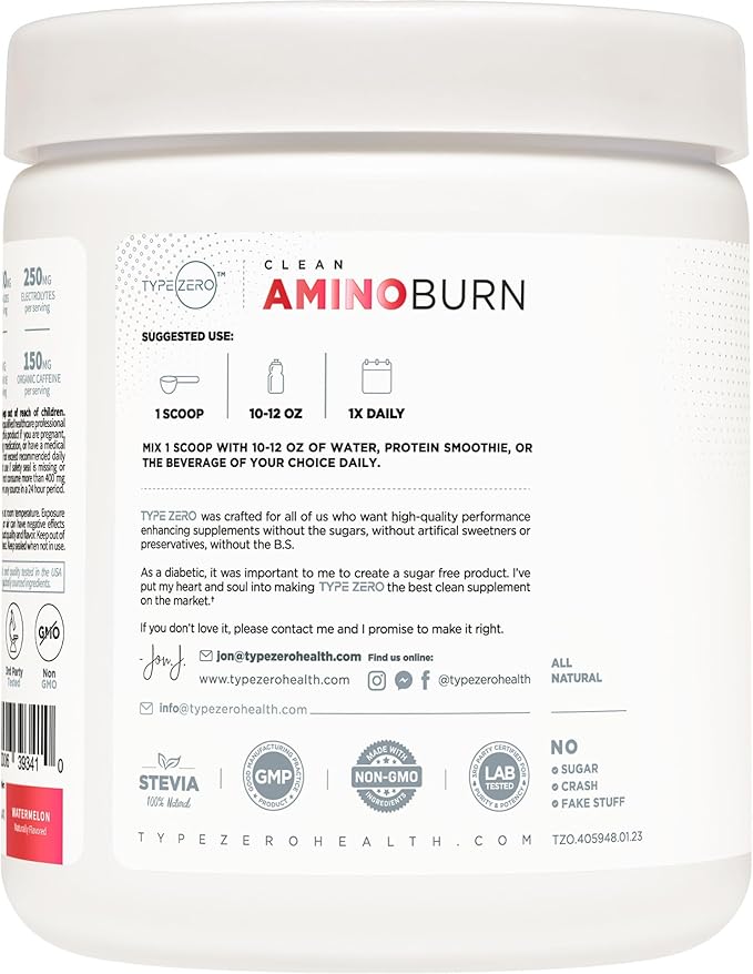 Type Zero AminoBurn - Vegan Amino Acids Energy Pre Workout Drink for Women/Men (Watermelon) Sugar-Free Energy Drink Powder & Amino Acids Supplement - Natural Preworkout Energy