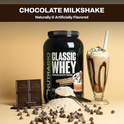 NutraBio Classic Whey Protein Powder- 25G of Protein Per Scoop - No Fillers, Artificial Colors, Preservatives - Chocolate Milkshake, 2 Pounds