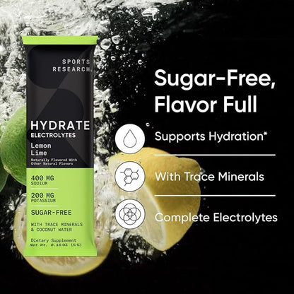 Sports Research Hydrate Electrolytes Powder Packets - Sugar-Free & Naturally Flavored with Vitamins, Minerals, and Coconut Water - Supports Hydration - 16 Packets - Lemon Lime