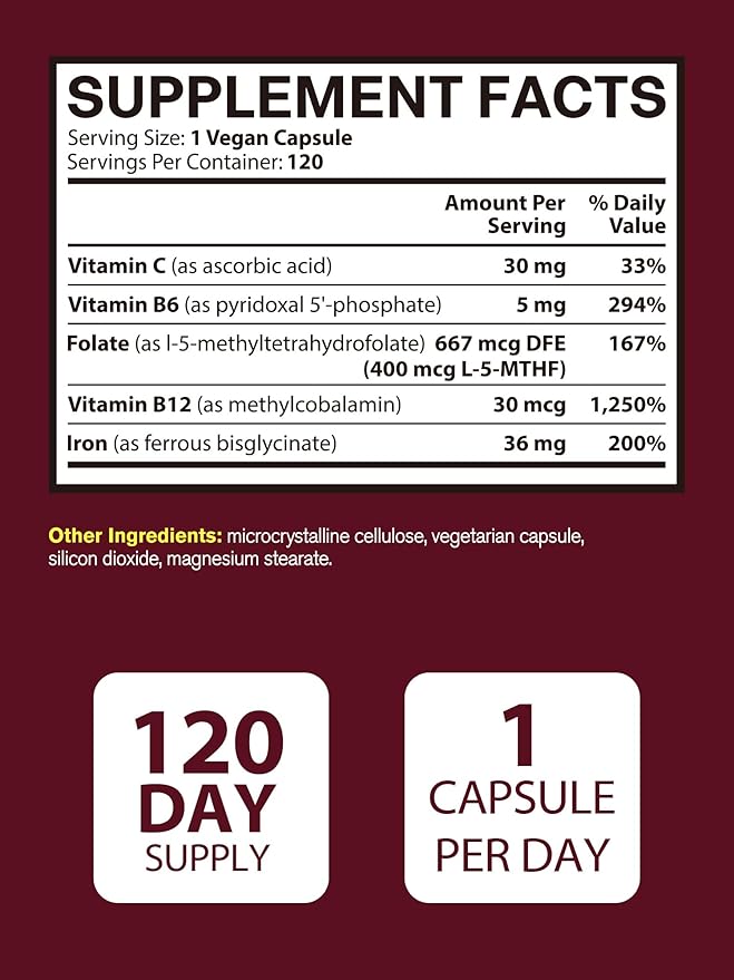 Iron Supplement for Women & Men, Iron Bisglycinate with Vitamin C, B6, B12, Folate, Stomach Friendly, Non-Constipating, Blood Health & Energy Boost, 120 Vegan Caps