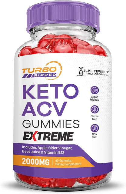 (2 Pack) Turbo Ripped Keto ACV Gummies Extreme 2000MG Turbo Ripped Keto Gummies Apple Cider Vinegar Formulated with Pomegranate Beet Juice Powder B12 Vegan Non GMO 120 Gummys