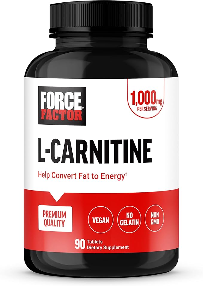 FORCE FACTOR L-Carnitine Supplement, L Carnitine Tartrate 1000mg Capsules to Convert Fat Into Energy, Support Muscle Recovery, and Boost Exercise Performance, Vegan, Non-GMO, 90 Tablets