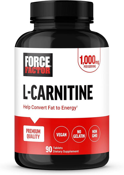 FORCE FACTOR L-Carnitine Supplement, L Carnitine Tartrate 1000mg Capsules to Convert Fat Into Energy, Support Muscle Recovery, and Boost Exercise Performance, Vegan, Non-GMO, 90 Tablets