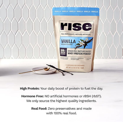 Rise Grass-Fed Whey Protein Powder - Vanilla | 25g Protein No Artificial Flavors, Colors, or Preservatives - Sugar Free, Gluten-Free, Soy Free (2.3 lbs)