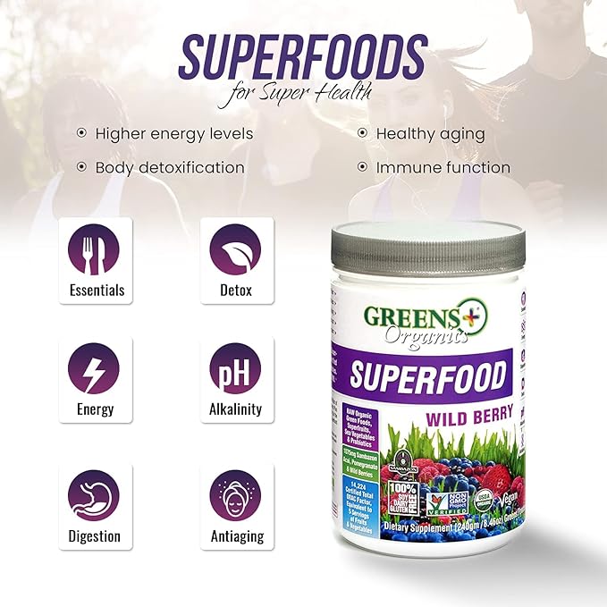 Greens+ Organic Wild Berry Superfood Powder, Antioxidant Polyphenol, Blend for Morning Kick, Energy, Vitality Boost, Nutrition, Vibrant Health, Dietary Supplement, Vegan Soy/Dairy/Gluten Free(8.46oz)