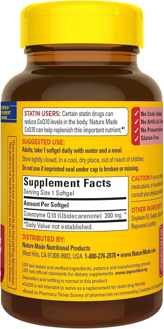 Nature Made CoQ10 200 mg, Dietary Supplement for Heart Health and Cellular Energy Production, 100 Softgels, 100 Day Supply
