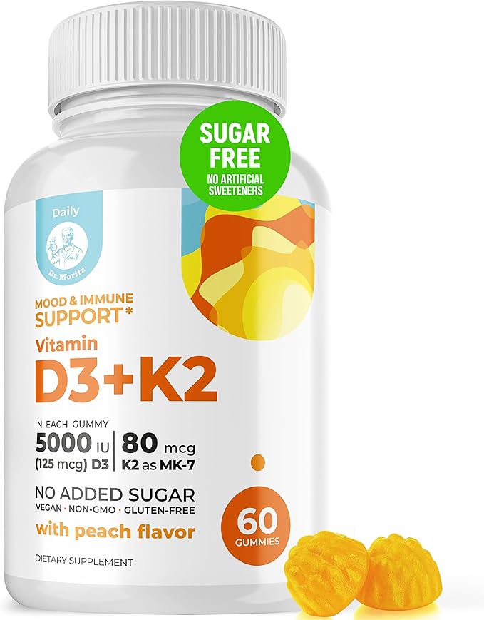 DR. MORITZ Vitamin D3 K2 Gummies 5000 IU - Sugar-Free VIT D Gummy Supplement for Immune Support & Healthy Bones * - High-Absorption, Vegan, Gluten-Free Chewable Gummies for Adults & Kids, d3 Plus k2