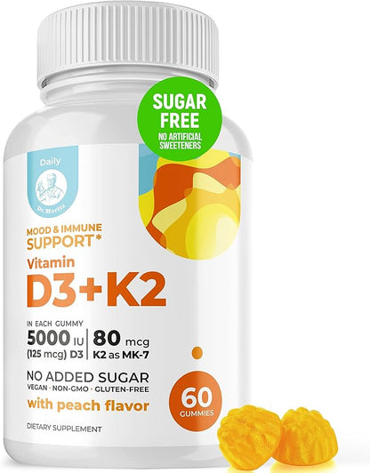 DR. MORITZ Vitamin D3 K2 Gummies 5000 IU - Sugar-Free VIT D Gummy Supplement for Immune Support & Healthy Bones * - High-Absorption, Vegan, Gluten-Free Chewable Gummies for Adults & Kids, d3 Plus k2
