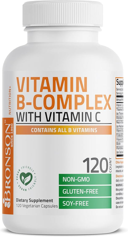 Bronson Vitamin B Complex with Vitamin C - Immune Health, Energy Support & Nervous System Support - Non-GMO, 120 Vegetarian Capsules