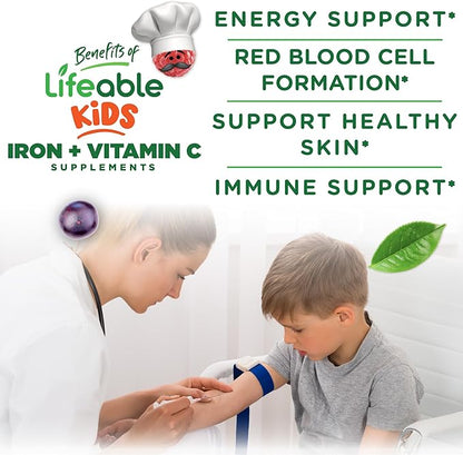 Iron Supplements for Kids | 10mg | with Vitamin C | Great Tasting Iron Gummies for Kids | Vegan Non GMO Kids Iron | for Immune Health and Iron Deficiency | 90 Gummies | Lifeable