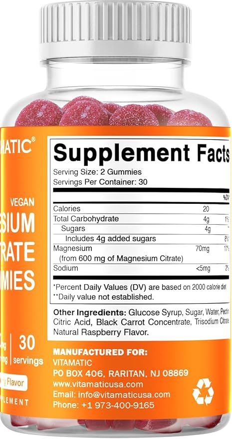 Vitamatic Magnesium Citrate Gummies 600mg per Serving - 60 Vegan Gummies - Promotes Healthy Relaxation, Muscle, Bone, & Energy Support (60 Gummies (Pack of 2))