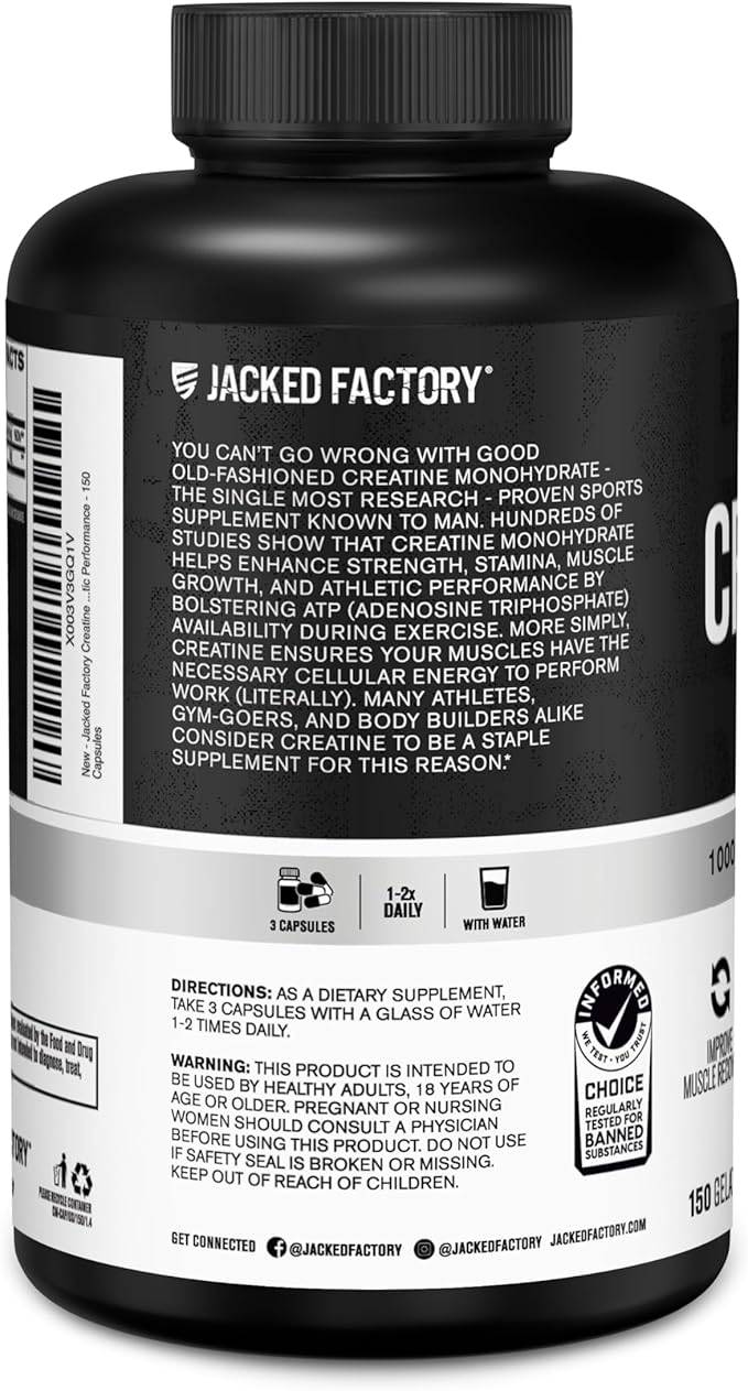 Jacked Factory Creatine Monohydrate Capsules - Creatine Supplement for Muscle Growth, Increased Strength, Enhanced Energy Output and Improved Athletic Performance - 150 Capsules
