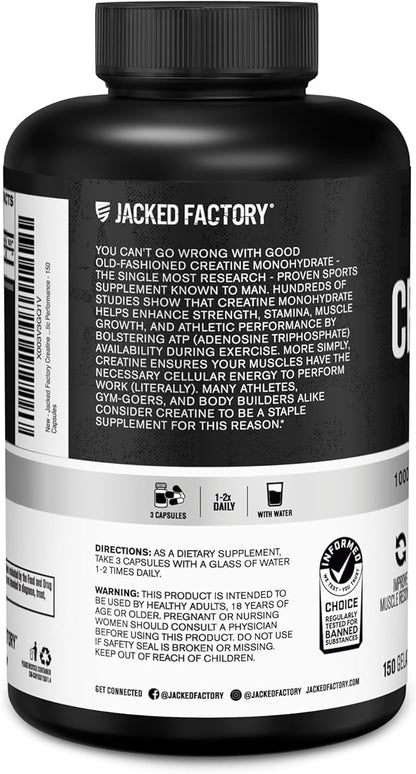 Jacked Factory Creatine Monohydrate Capsules - Creatine Supplement for Muscle Growth, Increased Strength, Enhanced Energy Output and Improved Athletic Performance - 150 Capsules