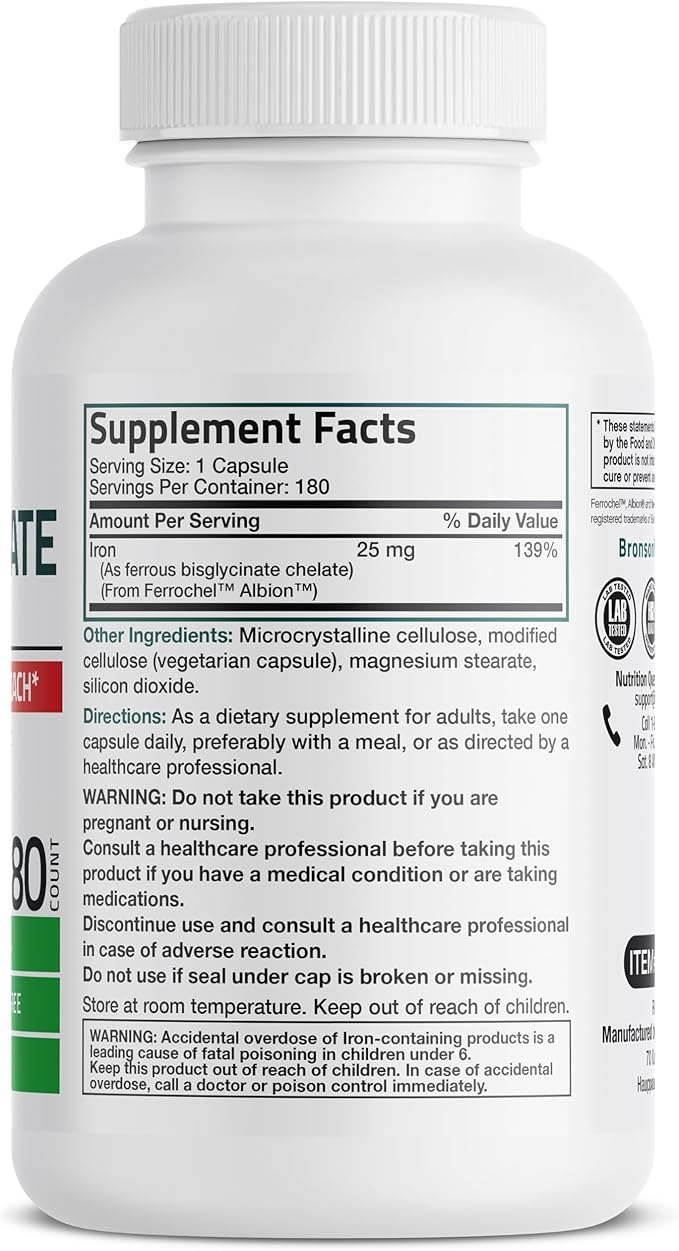Bronson Iron Bisglycinate 25 mg Gentle on The Stomach, Supports Energy & Healthy Red Blood Cell Production - Non-Constipating Formula - Non GMO, 180 Vegetarian Capsules