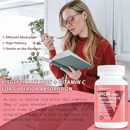 Iron Bisglycinate Supplement for Women & Men - 30mg Iron Pills with Vitamin C, B12, Folic Acid - Chelated Iron for Anemia, Blood Builder - High Absorption, Gluten-Free, Non-GMO - 60 Vegan Caps