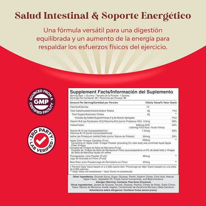 Gomitas ACV de Vinagre de Sidra de Manzana – Suplemento de Energético Natural con la Madre para la Limpieza del Cuerpo, Apoyo Inmunológico y Salud Intestinal – ACV con Vitamina B12 y Raíz de Betabel