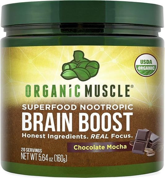 Organic Muscle Brain Boost Nootropics Blend - Vegan & Organic Superfood Health Supplements for Focus, Memory & Productivity with Ashwagandha, Ginkgo & Ginseng - Chocolate Flavor, 20 Servings