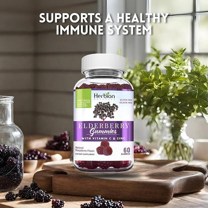 Herbion Elderberry Gummies with Vitamin C & Zinc - Healthy Immune System Support - Gluten-Free & Gelatin-Free - 60 Gummies for Adults & Children 4 Years & Above - Made in USA.