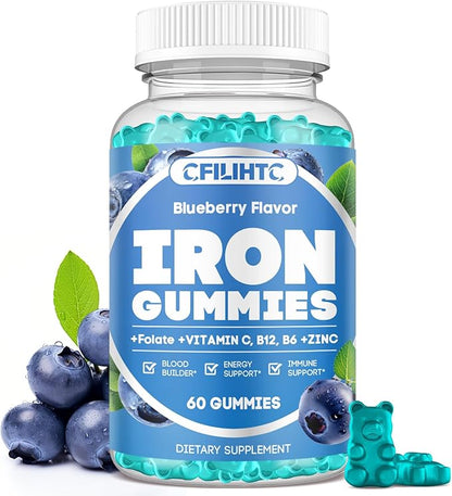 Iron Gummies for Women & Men - Iron Supplement with Vitamin B6, B12, C, Zinc, Folate for Adults & Kids - Support Iron Deficiency, Anemia, Energy Boost, Blood Builder - Sugar Free Vegan 60ct Blueberry