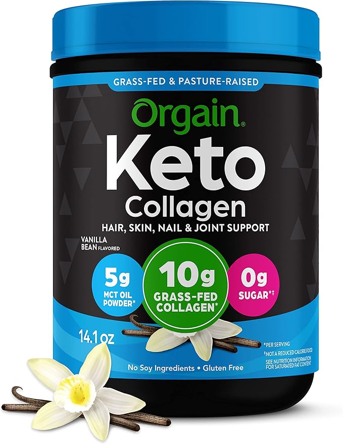 Orgain Keto Collagen Protein Powder, Vanilla - 10g Grass Fed Hydrolyzed Collagen Peptides for Women & Men, Type I & III, 5g MCT Oil - Hair, Skin, Nail, & Joint Support, Non-GMO, Gluten Free - 0.88lb