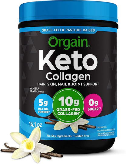 Orgain Keto Collagen Protein Powder, Vanilla - 10g Grass Fed Hydrolyzed Collagen Peptides for Women & Men, Type I & III, 5g MCT Oil - Hair, Skin, Nail, & Joint Support, Non-GMO, Gluten Free - 0.88lb