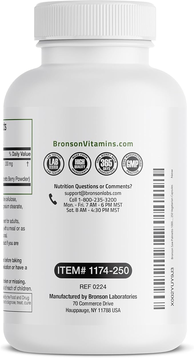 Bronson Saw Palmetto Extra Strength Supports Healthy Prostate Function & Urinary Health Support - Non GMO, 250 Vegetarian Capsules