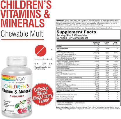 SOLARAY Childrens Vitamins & Minerals Complete Multivitamin for Kids Great Black Cherry Flavor (076280047974) (120 Chews, 60 Serv)