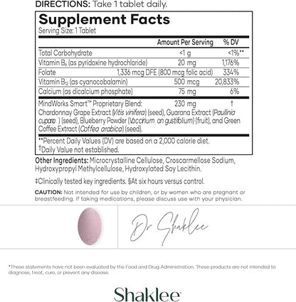 Shaklee MindWorks® - Brain Health Supplement for Brain Sharpness & Focus - Supported Nutrients & Extracts - Chardonnay Grape Seed Polyphenols, Guarana Extract, Vitamins B6, B12, Folate - 30 Tablets