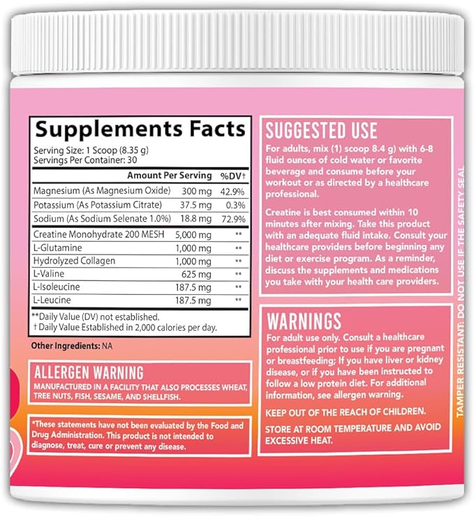 Creatine Monohydrate Powder for Women, Complex w. 5G Creatina per Serving + Glutamine, Collagen, BCAAs & Hydration Blend Energy, Muscle + Glute Builder, Unflavored 2-Pack (60 Servings)