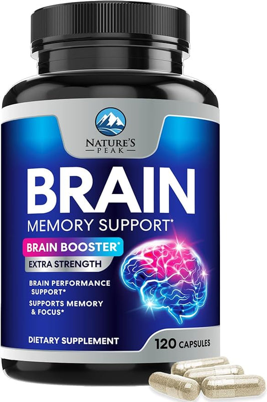 Brain Supplement Memory Pills - Nootropics Support for Concentration, Clarity, Energy & Focus - Brain Health with Bacopa, Cognitive Vitamins, Phosphatidylserine, DMAE - Brain Booster - 120 Capsules
