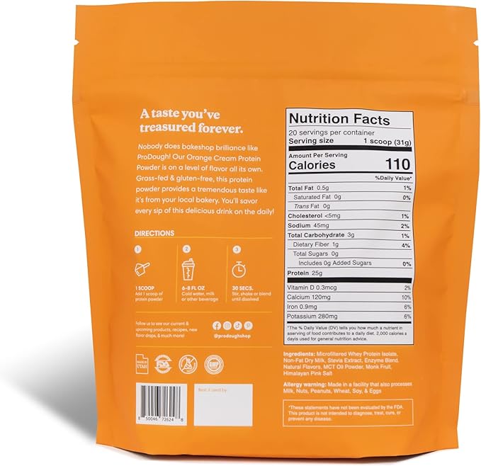 ProDough Gourmet Whey Isolate Hydrolized Protein Powder for Shake Mix- Easy Digest Enzyme Blend, 25g Protein per Serving, Natural Ingredients, Gluten Free, Keto Friendly (Orange Cream)