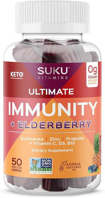 Ultimate Immunity - Elderberry Echinacea and Propolis Gummies for Immune Support, Easy to Chew - Non GMO, Gluten Sugar Free - Pomegranate Lime Flavored Gummy Vitamins, 50 Count