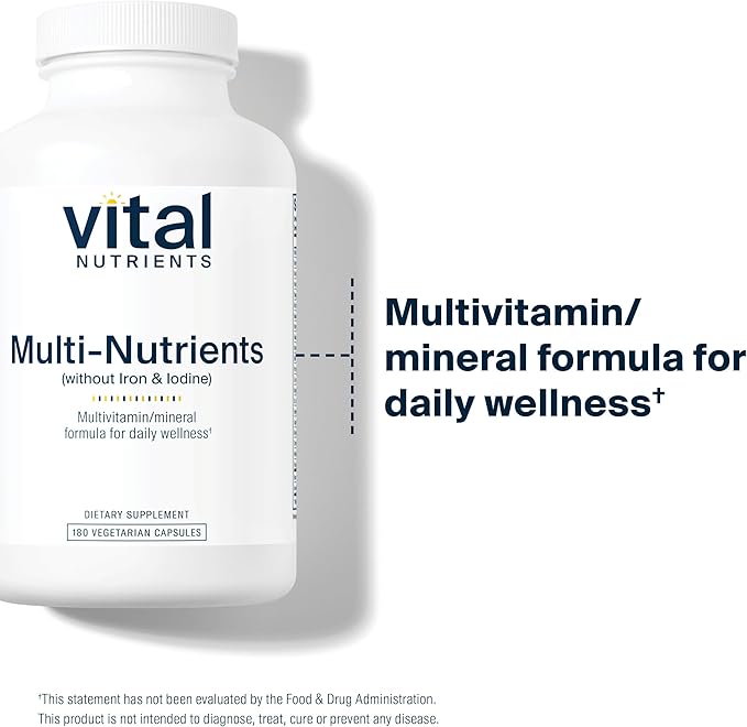 Vital Nutrients Multi-Nutrients with No Iron or Iodine | Comprehensive Vegetarian Daily Multivitamin and Mineral Formula with Potent Antioxidants* | Gluten, Dairy and Soy Free | 180 Capsules