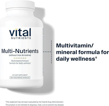 Vital Nutrients Multi-Nutrients with No Iron or Iodine | Comprehensive Vegetarian Daily Multivitamin and Mineral Formula with Potent Antioxidants* | Gluten, Dairy and Soy Free | 180 Capsules