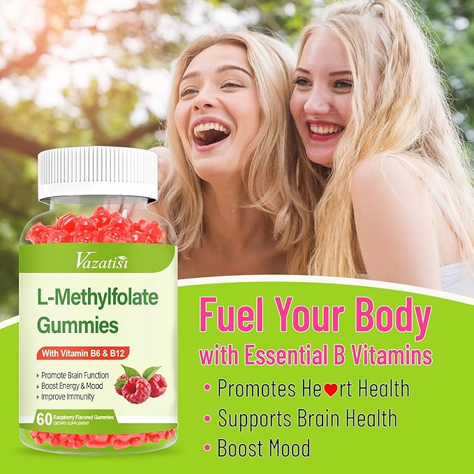 L-Methylfolate 15 mg Gummies with Methyl B12, Folate Supplement for Mood, Brain Health, Immune Support, Raspberry Flavor, 120 Count