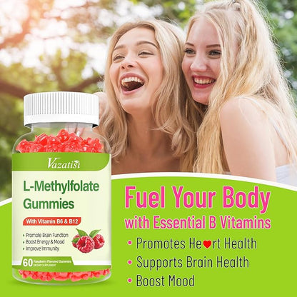 L-Methylfolate 15 mg Gummies with Methyl B12, Folate Supplement for Mood, Brain Health, Immune Support, Raspberry Flavor, 60 Count