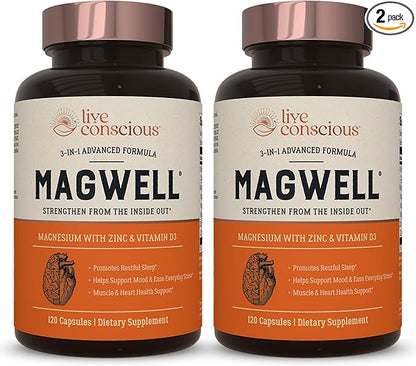 Live Conscious Magnesium Zinc & Vitamin D3 - Bioavailable Forms of Magnesium - Malate, Glycinate, Citrate - MagWell Bone & Heart Health, Immune System Support - 120 Capsules (2-Pack)