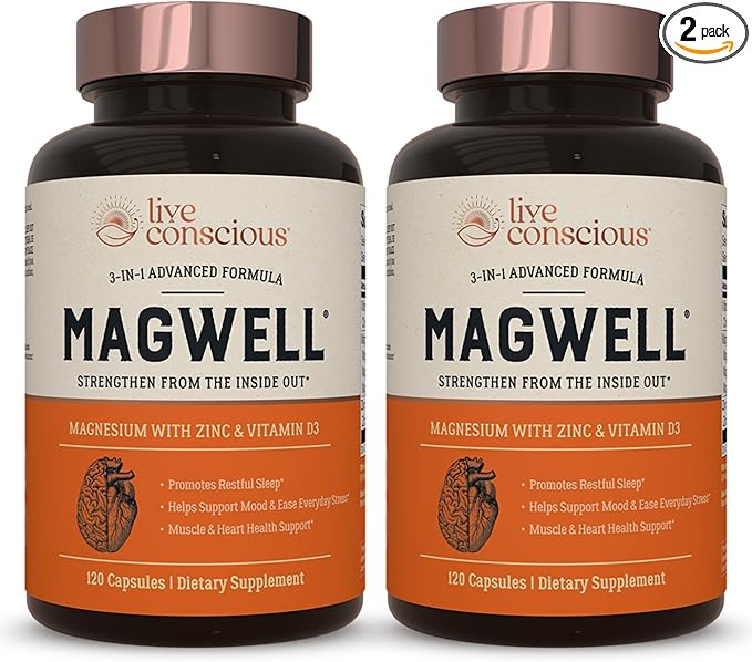 Live Conscious Magnesium Zinc & Vitamin D3 - Bioavailable Forms of Magnesium - Malate, Glycinate, Citrate - MagWell Bone & Heart Health, Immune System Support - 120 Capsules (2-Pack)