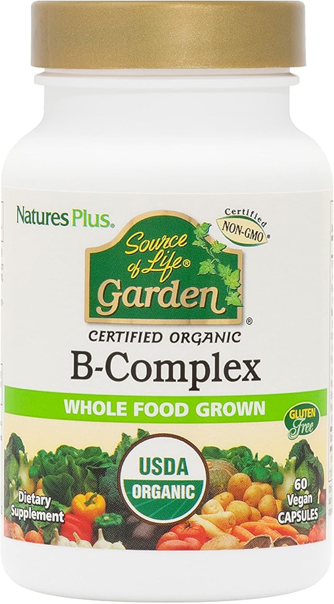 Natures Plus Source of Life Garden Certified Organic B Complex - 60 Vegan Capsules - Complete Vitamin B Supplement, Energy Booster - Vegetarian, Gluten-Free - 30 Servings