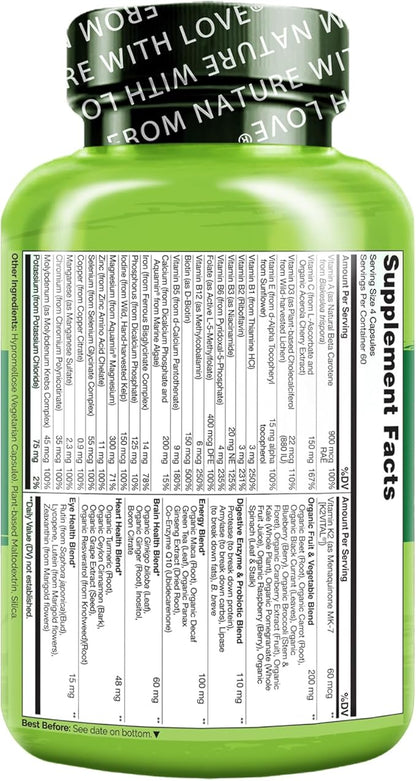 NATURELO Whole Food Multivitamin for Women - with Vitamins, Minerals, & Organic Extracts - Supplement for Energy and Heart Health - Non GMO - 240 Vegan Capsules